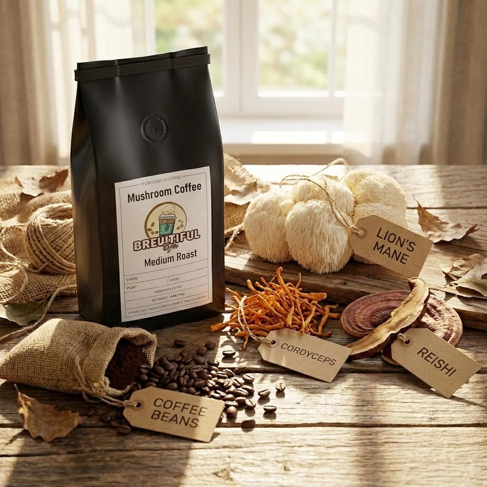Mushroom Coffee Medium Roast, Lion’s Mane Cordyceps & Reishi, Focus & Balance, Ground Coffee, 8 oz Bag