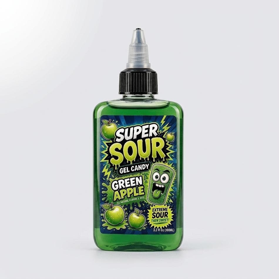 Super Sour Green Apple Gel Candy, Green Apple Flavor, Extreme Sour Squeeze Bottle, 100ml (3.4 fl oz)
