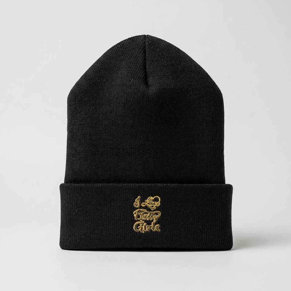 Embroidered Cuffed Knit Beanie, 100% Acrylic, Warm Winter Hat, One Size, "I Love Fluffy Girls" Text