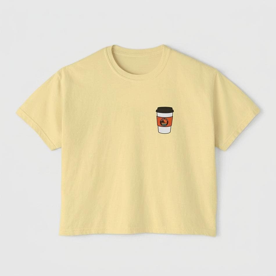 Boxy Cropped Graphic Tee, Ring-Spun Cotton, Pigment-Dyed, Coffee Lover Funny Back Print, Heavyweight 6.1 oz