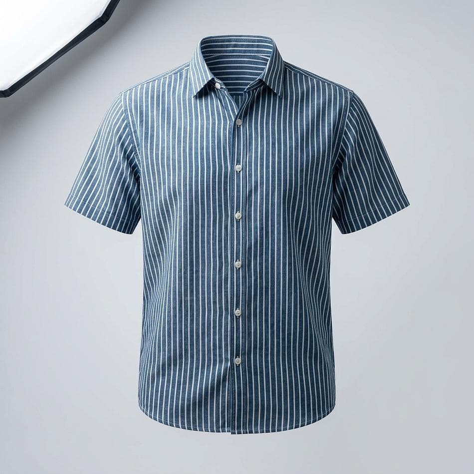 Men’s Cotton Camp Collar Shirt, Natural Indigo Dabu Stripe, Breathable Summer Button-Up, Sizes S/M–L/XL