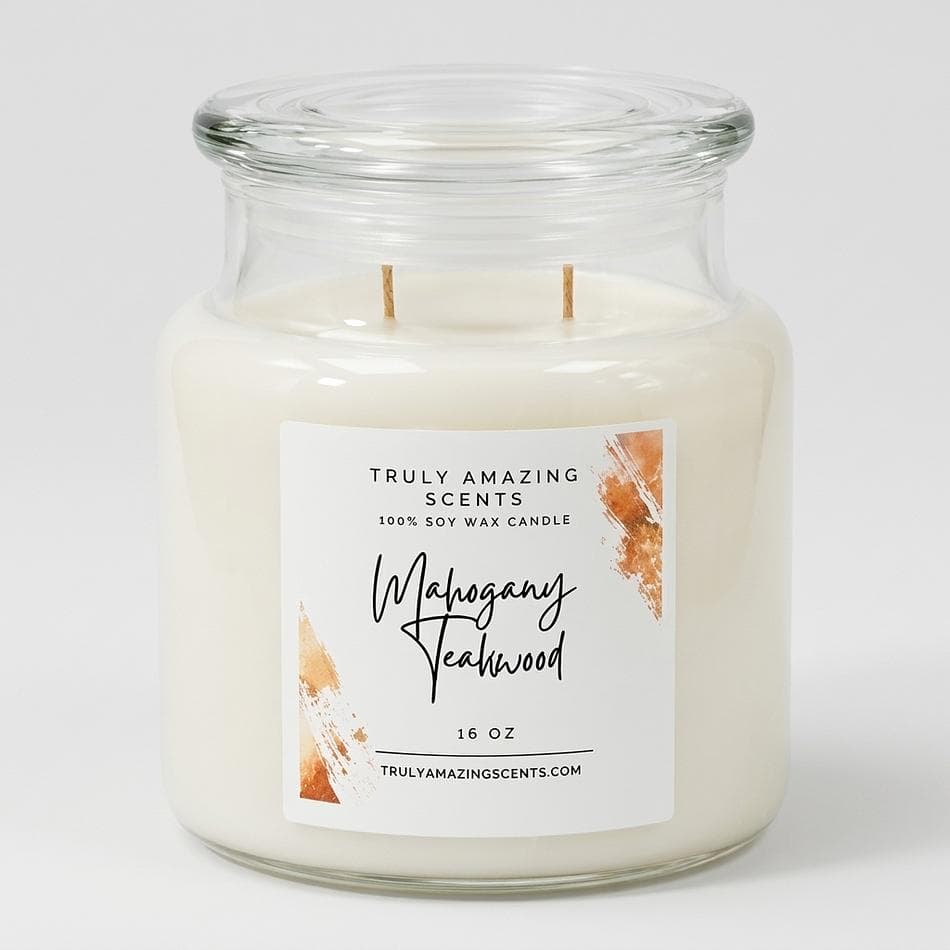 Soy Candle, Mahogany Teakwood Scent (Lavender, Mahogany, Cedarwood & Oak), Strong Throw, 16 oz Jar, 60–70 Hr Burn