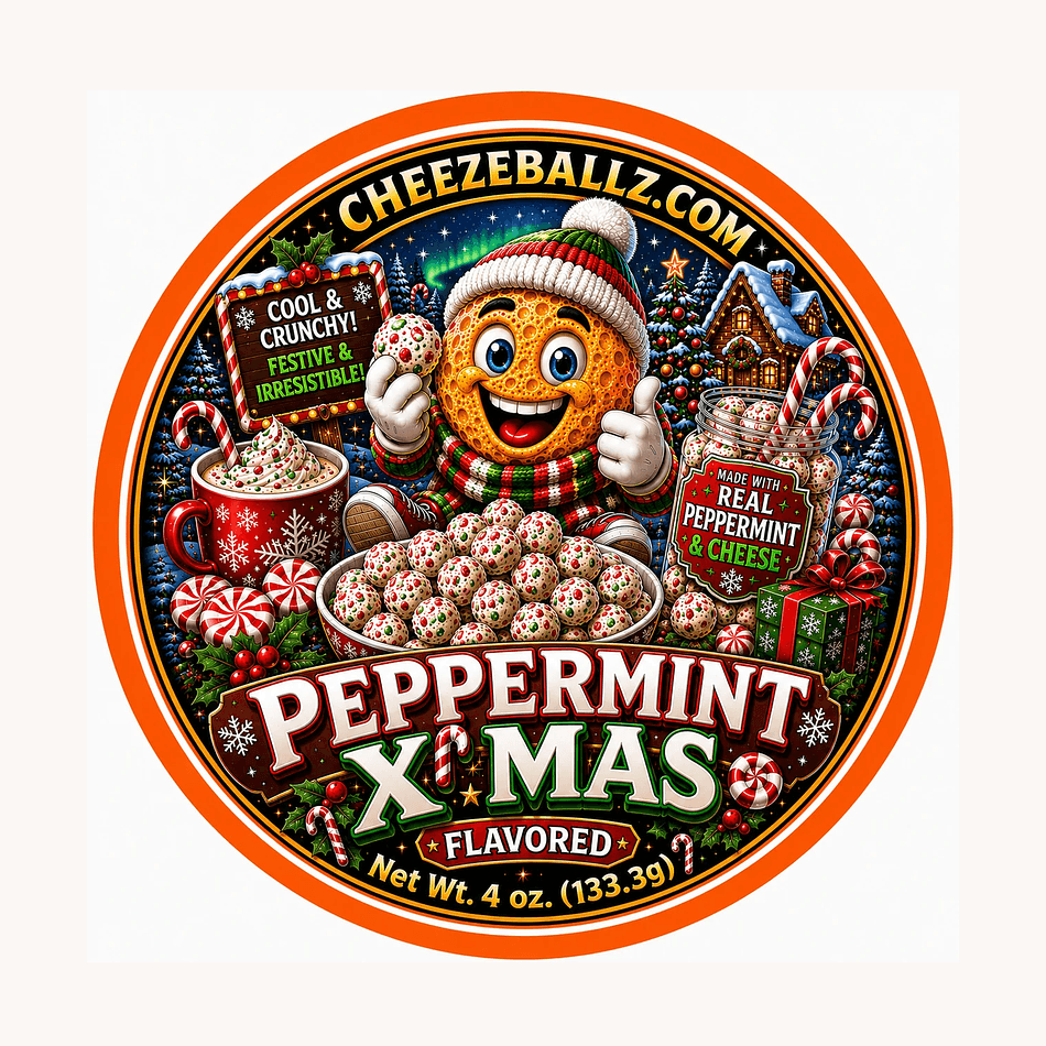 Gourmet Cheese Balls Snack, Peppermint Holiday Flavor, Gluten-Free, Crunchy Puffs, Resealable Pouch, 4 oz