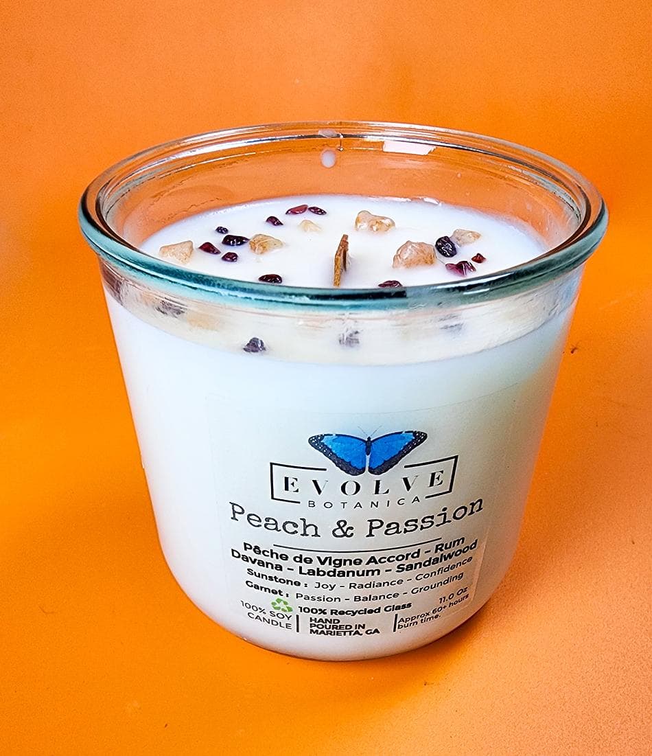 Wood Wick Soy Candle, Peach & Blood Orange, Warm Amber Sandalwood, Crystal Infused (Sunstone + Garnet), Rocks Glass Vessel