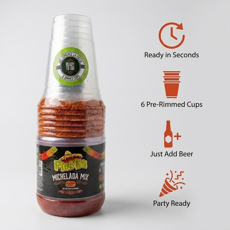 Michelada Mix Bottle Kit, Classic Tomato & Lime, Just Add Beer Party Pack, 6 Pre-Rimmed Cups