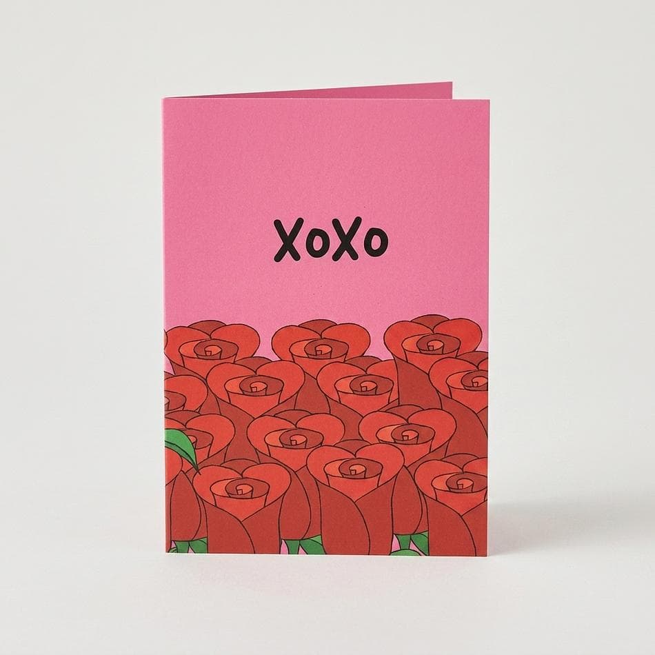 Blank A2 Greeting Card, Roses & XOXO, 100% Recycled Paper, Hand-Drawn Floral, 4.5 x 5 in, Envelope Included