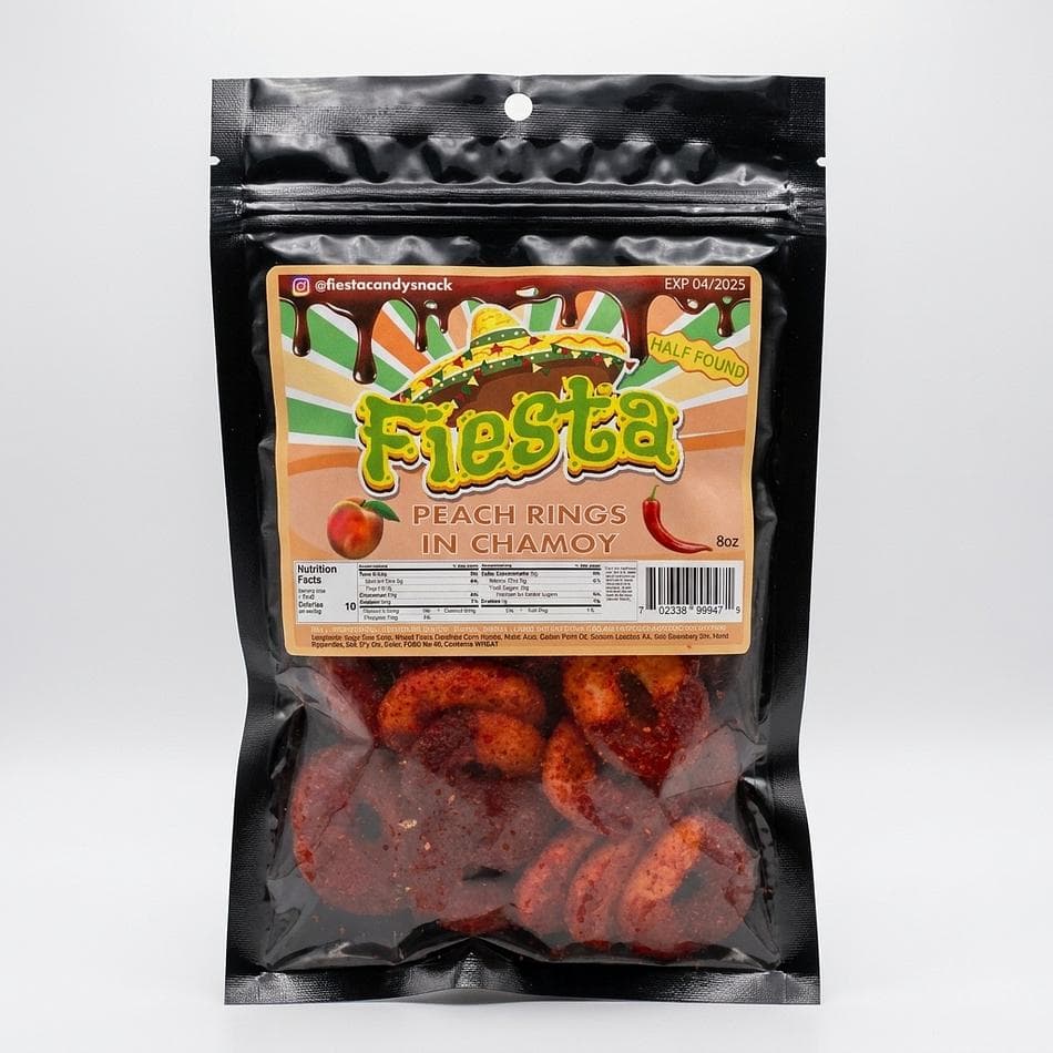 Chamoy Peach Gummy Rings, Peach Flavor, Sweet & Spicy Snack, Enchilados Style, 8 oz (Half Pound) Bag