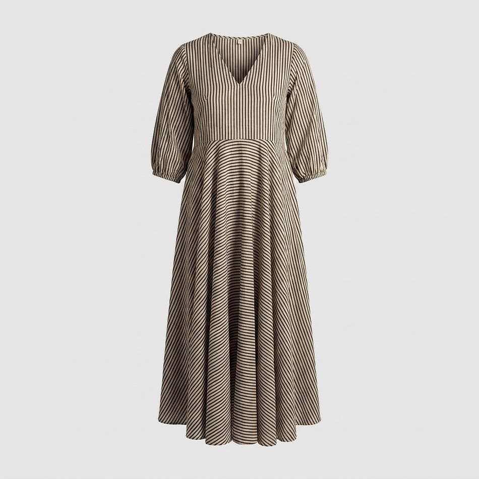 Hand-Block Print Stripe Maxi Dress, Charcoal & Cream, Lengthening Vertical Lines, Sizes XS/S–L/XL