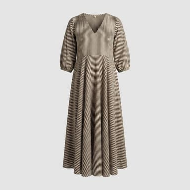 Hand-Block Print Stripe Maxi Dress, Charcoal & Cream, Lengthening Vertical Lines, Sizes XS/S–L/XL