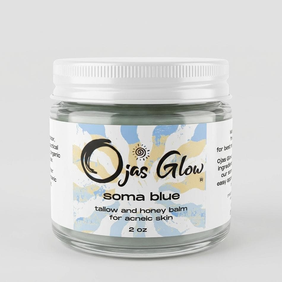 Tallow & Honey Balm, Grass-Fed Tallow + Hemp Seed Oil, Acne-Prone Skin Moisturizer, Blue Tansy + Tea Tree, Jar