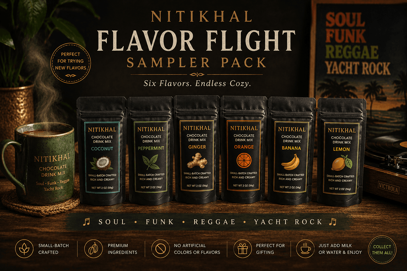 Flavored Chocolate Drink Mix Sampler Pack, 6 Flavor Variety, Cozy Sips Discovery Set, 2 oz Mini Pouches (6-Pack)