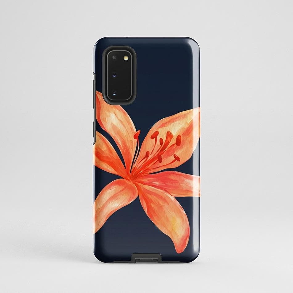Dual-Layer Samsung Galaxy Phone Case, Tiger Lily Floral Print, Coral & Navy, Shock-Absorbing Cover, Glossy/Matte