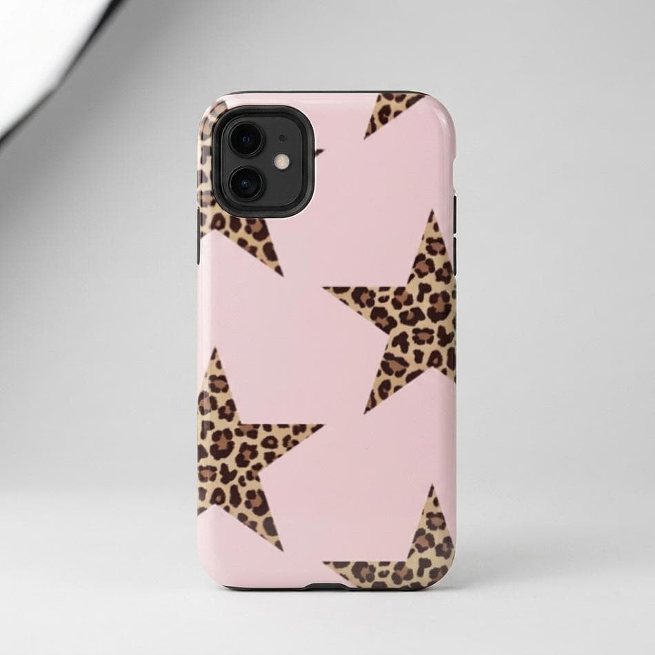 Dual Layer iPhone Case, Polycarbonate + TPU, Blush Pink Cheetah Star Print, Drop Protection, Glossy/Matte