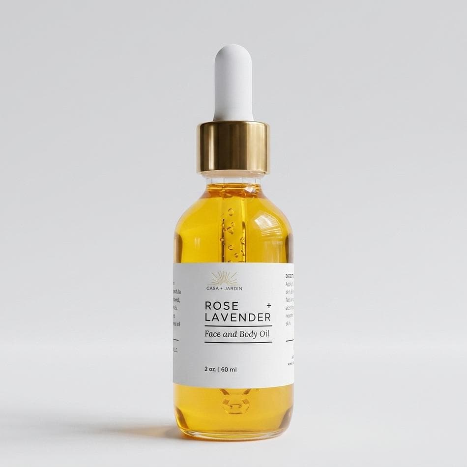 Organic Face & Body Oil, Rose + Lavender + Calendula, Jojoba Oil, Deep Moisture for Dry Sensitive Skin, 2 fl oz