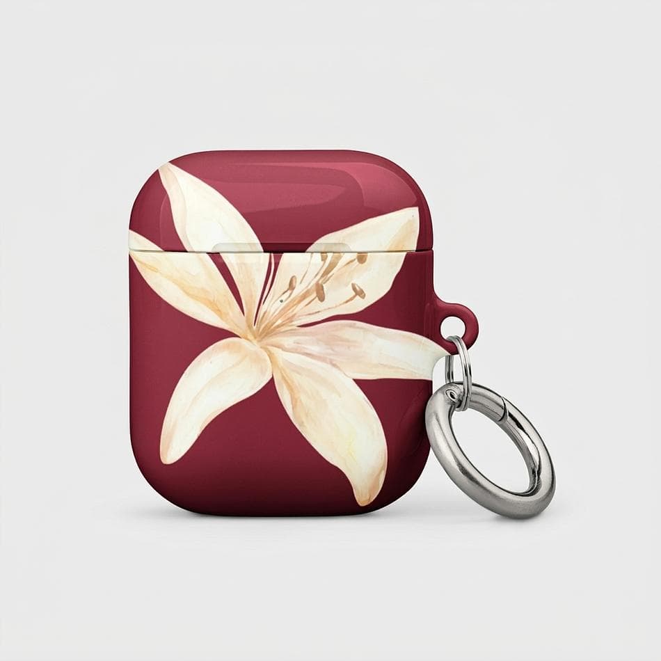AirPods Case, Tiger Lily Floral Print, Polycarbonate Shock Protection, Wireless Charging, Carabiner, Fits AirPods/Pro Gen 1-3