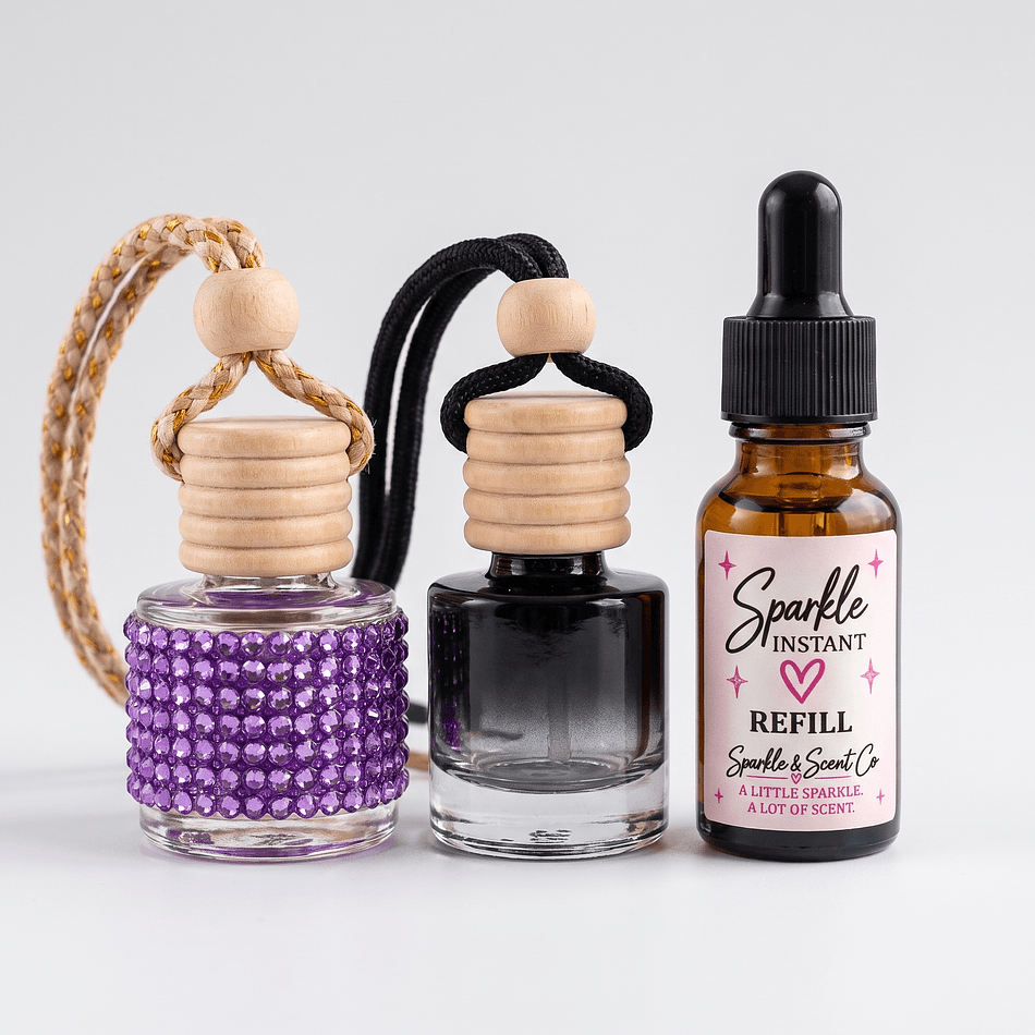 Hanging Car Diffuser Bundle, Glass Bottle + Refill Oils, Long-Lasting Car Fragrance, Refillable, Gift Set