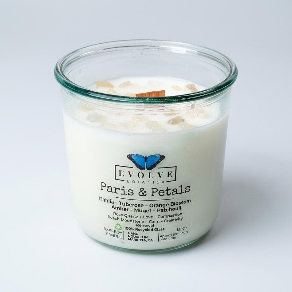 Wood Wick Soy Candle, Orange Blossom & Tuberose, Romantic Floral Scent, Rose Quartz + Peach Moonstone, 1 Candle