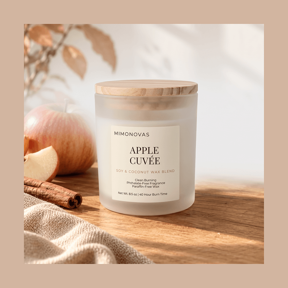 Apple & Champagne Scented Candle, Soy + Coconut Wax, Sparkling Fall Apple, Frosted Glass w/ Bamboo Lid, 8.5 oz