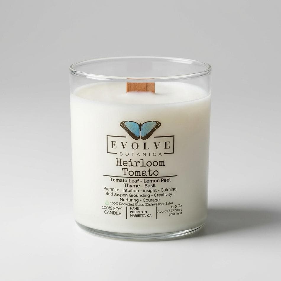 Heirloom Tomato Soy Candle, Tomato Leaf & Basil, Crackling Wood Wick, Prehnite + Red Jasper, Recycled Glass Tumbler