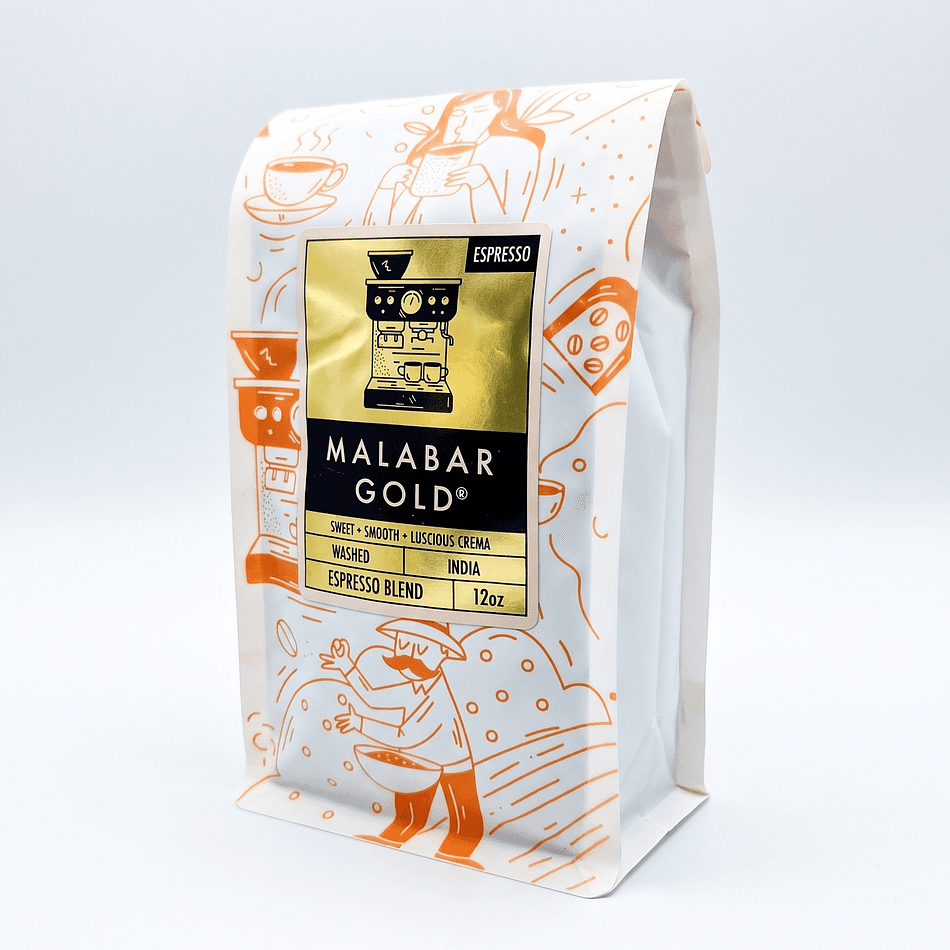 Malabar Low Acid Espresso Blend Coffee Beans, Washed India, Chocolate & Salted Caramel Notes, 12oz Whole Bean