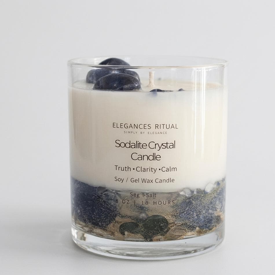 Crystal Soy Gel Candle, Sodalite Stones, Sea Salt Scent, Calming Meditation Gift, 8 oz Jar, 75+ Hr Burn