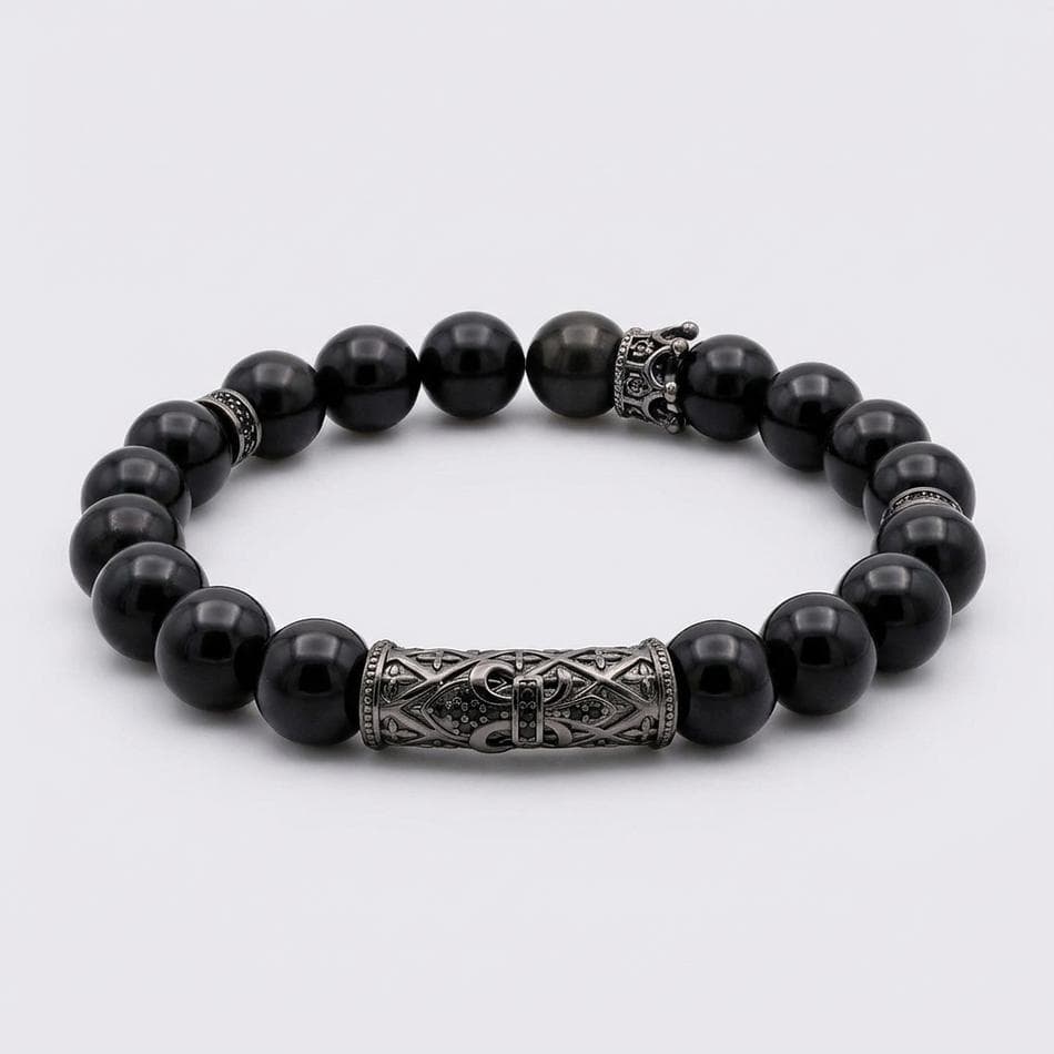 Black Onyx Beaded Bracelet, Gunmetal Filigree Tube, Grounding Style, Stretch Cord, Multiple Sizes 8–11 in