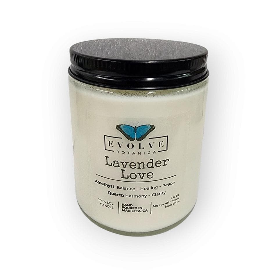 Lavender Soy Candle, Amethyst & Quartz Crystals, Calming Aromatherapy, 9 oz Jar, 40 Hr Burn, Wood Wick or Cotton Wick