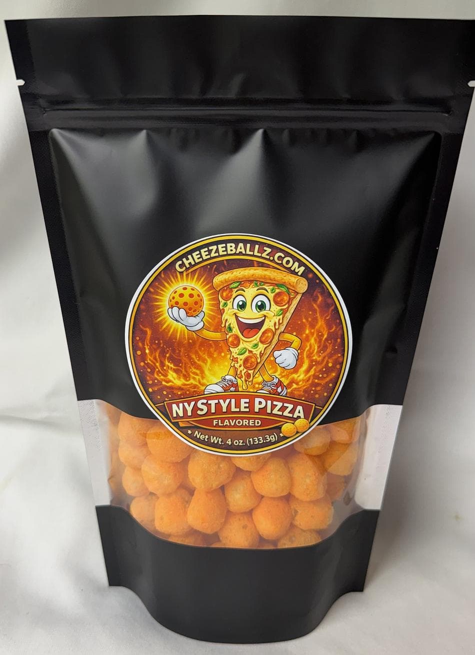 Pizza Flavored Cheese Balls Snack, Gluten-Free Corn Puffs, Crunchy Seasoned Cheeze Ballz, Resealable Pouch, 4 oz