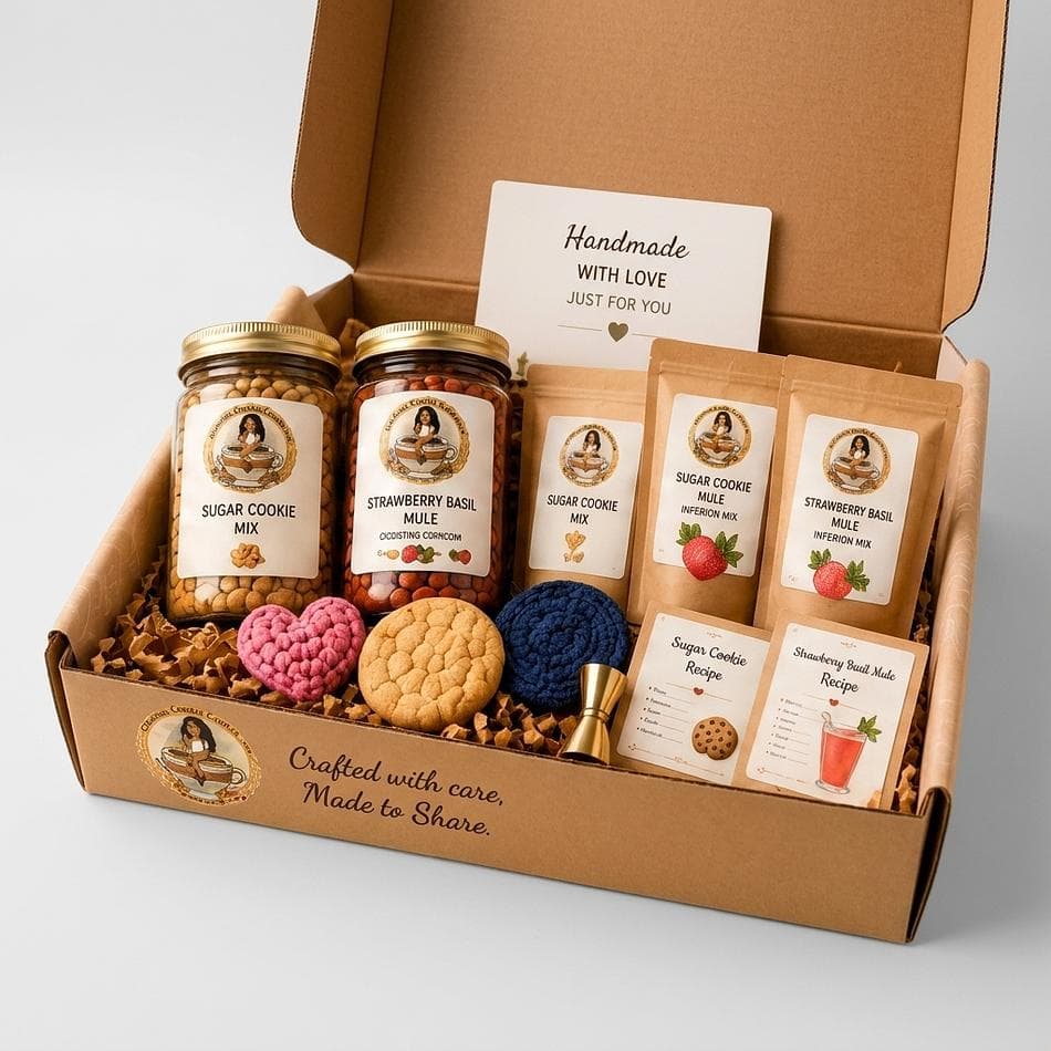 Monthly Cookie & Cocktail Mix Subscription Box, 2 Jars + 2 Mixes, Recipe Cards, Crochet Goodies, 1 Box/Month