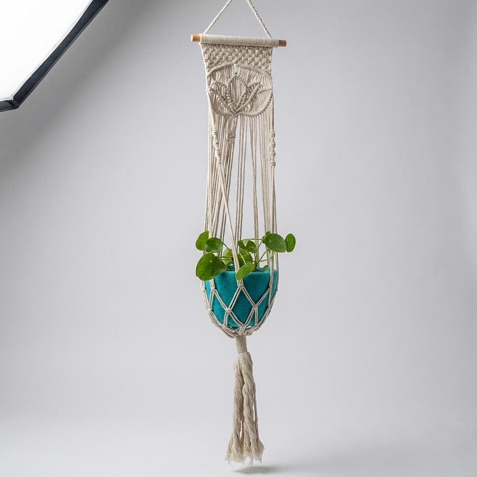 Cotton Macrame Plant Hanger, Handmade Fair Trade, Boho Hanging Planter Holder, Lotus Design, 36in x 8in