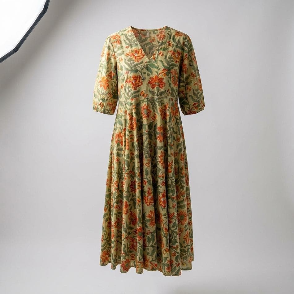 Cotton Maxi Dress, Sanganeri Hand-Block Floral Print, Breathable Relaxed Fit, V-Neck Puff Sleeve, Marigold, 1 Dress