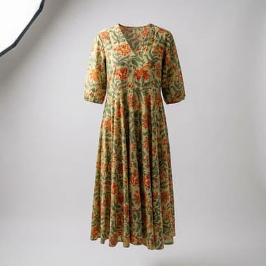 Cotton Maxi Dress, Sanganeri Hand-Block Floral Print, Breathable Relaxed Fit, V-Neck Puff Sleeve, Marigold, 1 Dress