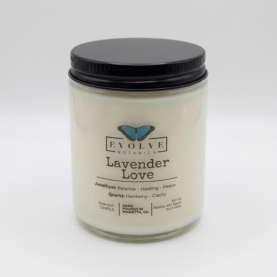 Lavender Soy Candle, Amethyst & Quartz Crystals, Calming Aromatherapy, 9 oz Jar, 40 Hr Burn, Wood Wick or Cotton Wick