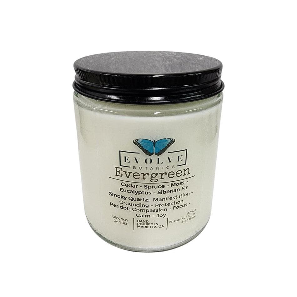 Evergreen Soy Candle, Cedar Spruce Moss Eucalyptus Fir, Wood Wick Option, Smoky Quartz & Peridot, 9oz Jam Jar