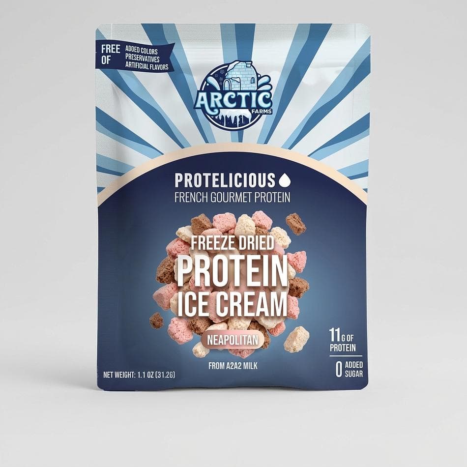 Freeze-Dried Protein Ice Cream, A2A2 Milk & Allulose, Zero Added Sugar Crunch Snack, Neapolitan, 1.1 oz Bag (10g Protein)