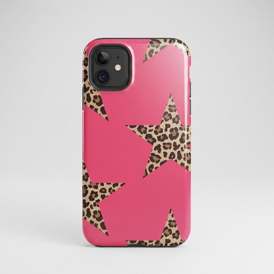 Dual-Layer iPhone Case, Pink Cheetah Print & Stars, Shockproof PC+TPU, Glossy/Matte, Fits iPhone 11–17 Pro Max