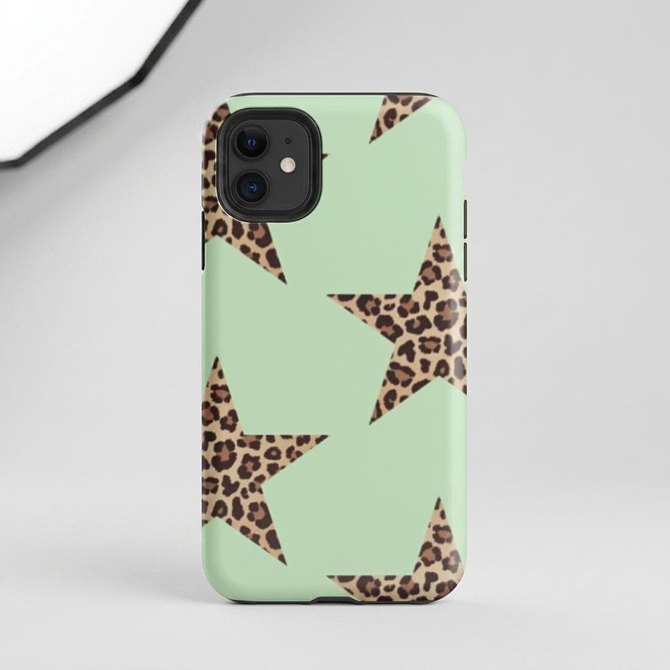 Dual-Layer iPhone Case, Polycarbonate + TPU, Mint Green Leopard Star Print, Shockproof Slim Cover, Glossy/Matte