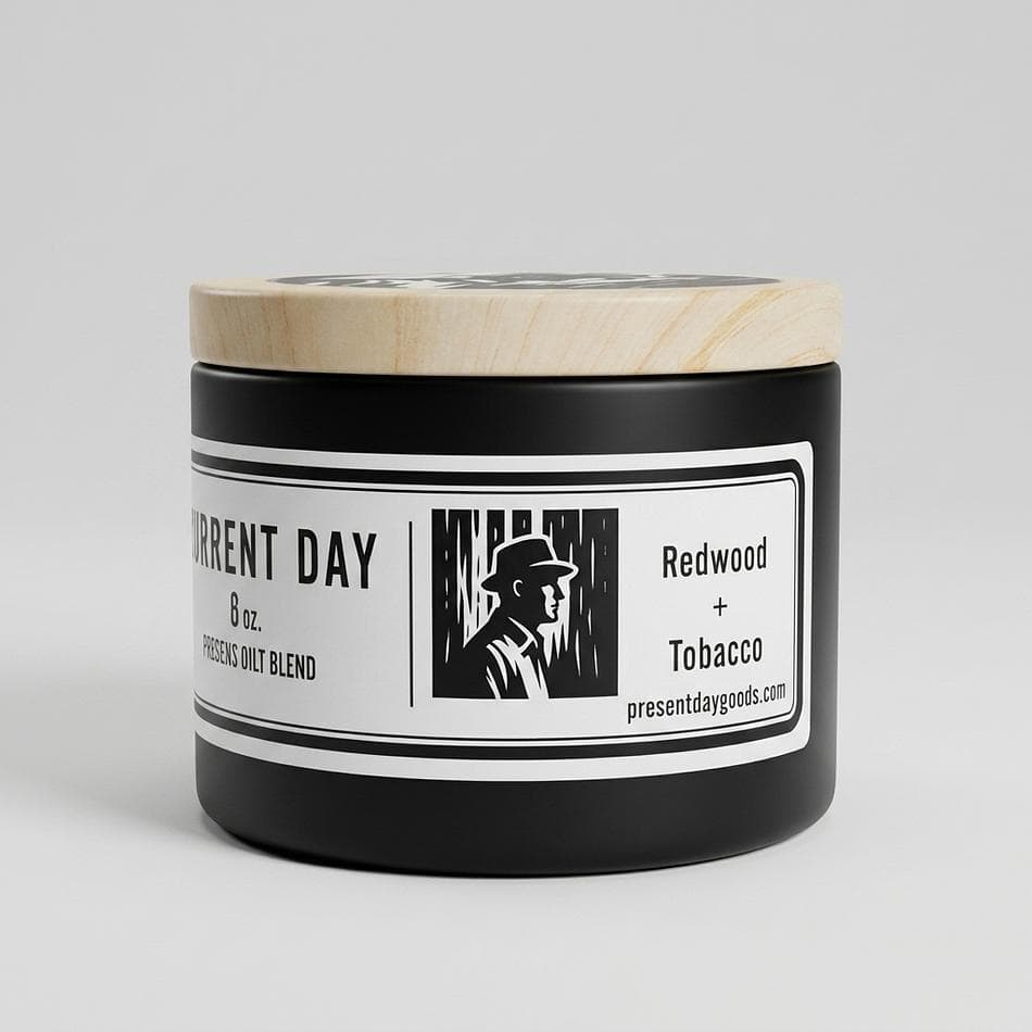 Coconut Wax Candle Tin, Redwood & Tobacco, Woodsy Resinous Scent, Strong Room-Filling Throw, 6 oz