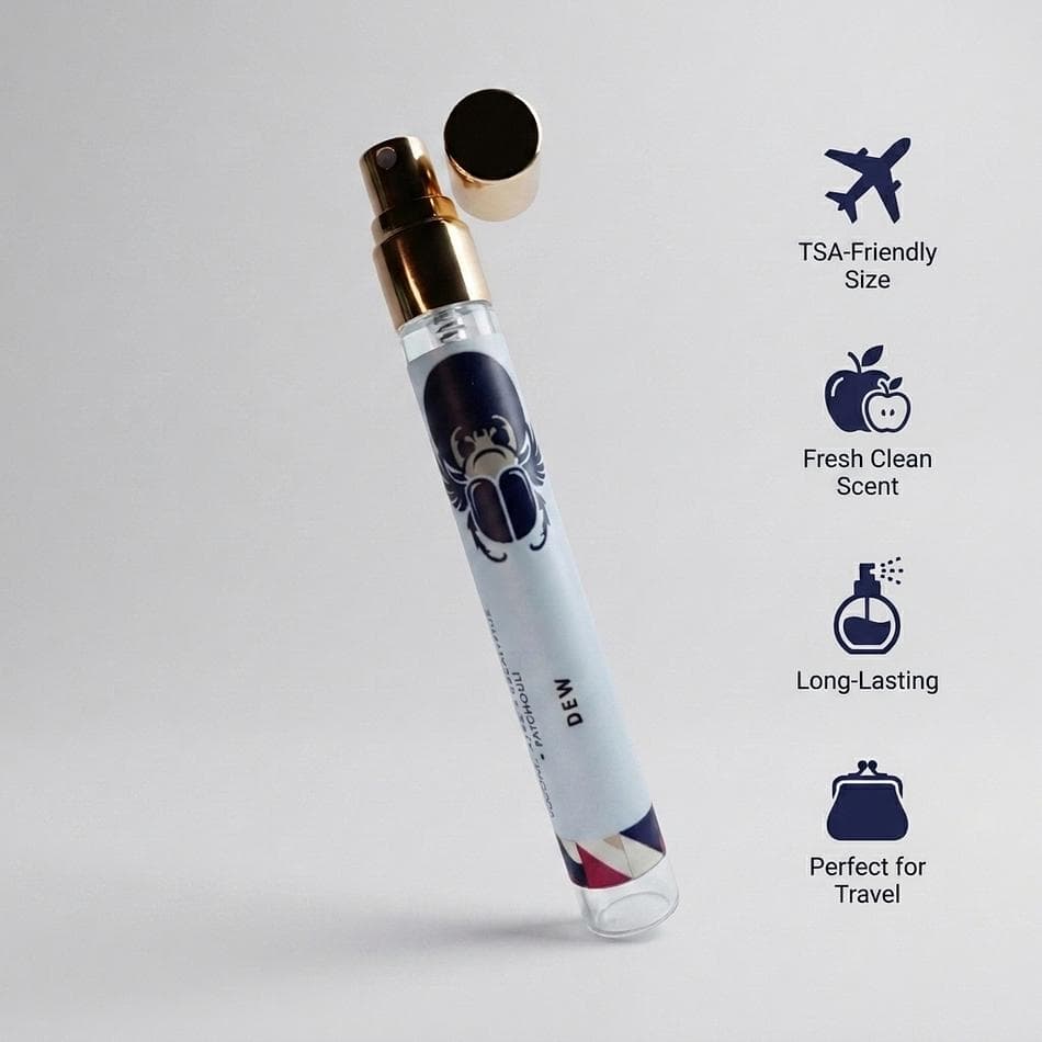 DEW Travel Eau de Parfum Spray, Ozone Apple & Eucalyptus, Fresh Clean Scent, Amber Patchouli Base, 10ml Glass Bottle