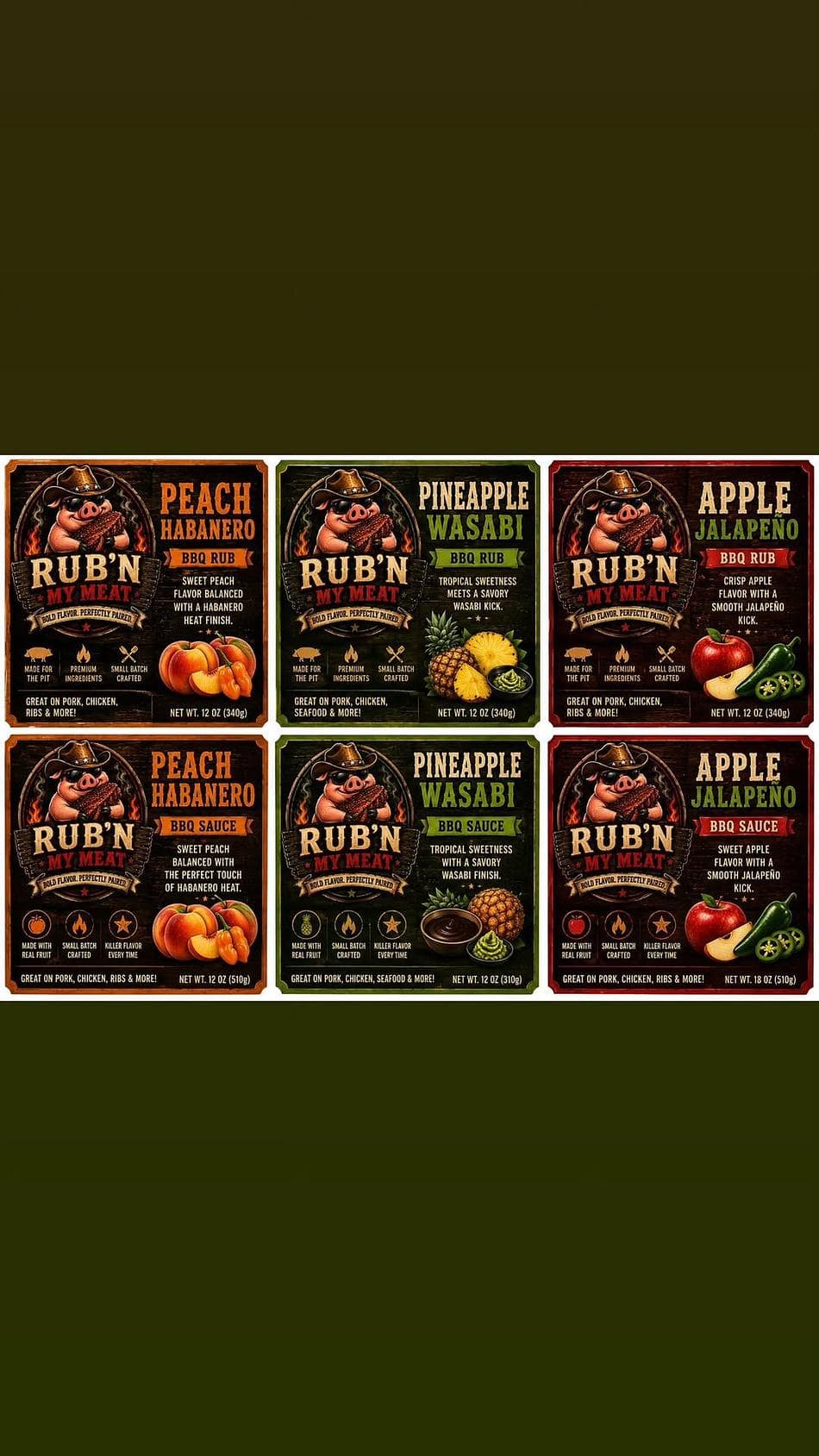 Peach Habinero ,Pineapple wasabi, Apple jalapeño, Dragonfruit cayenne  rubs and sauce pairing