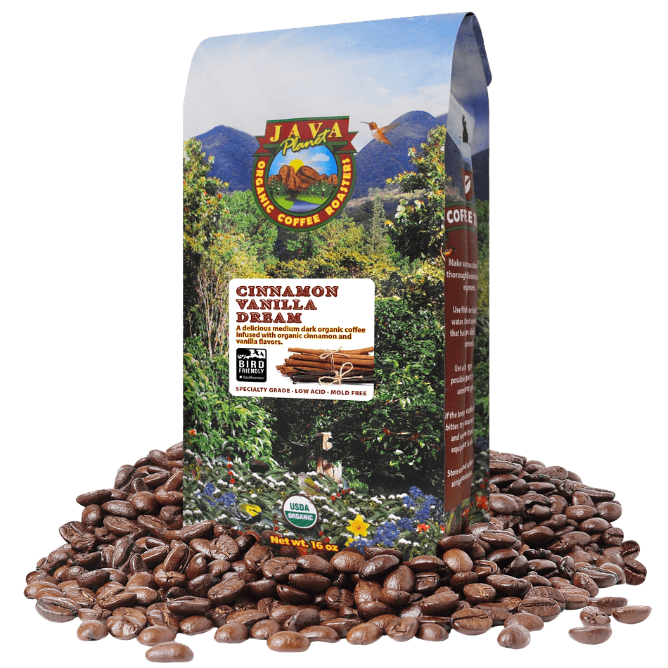 Java Planet Cinnamon Vanilla Dream Organic Flavored Coffee – South American Arabica, Medium-Dark Roast, Low Acid, Bird Friendly®, Whole Bean, 1 lb