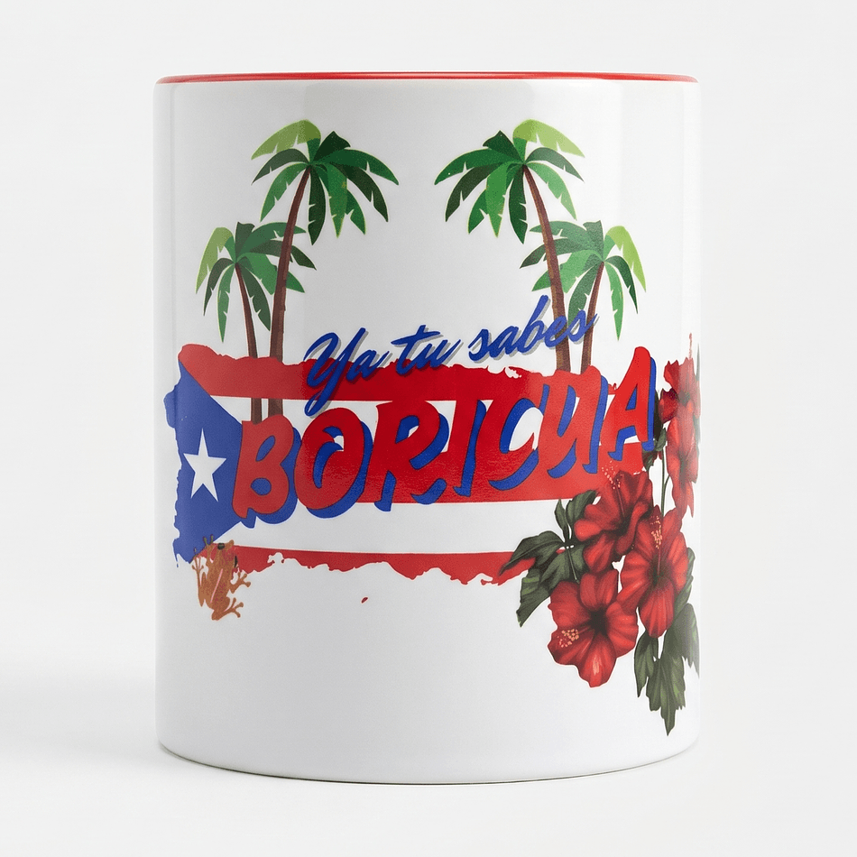 Ceramic Coffee Mug, 11 oz, Red Handle & Interior, “Ya Tu Sabes Boricua” Puerto Rico Gift Cup