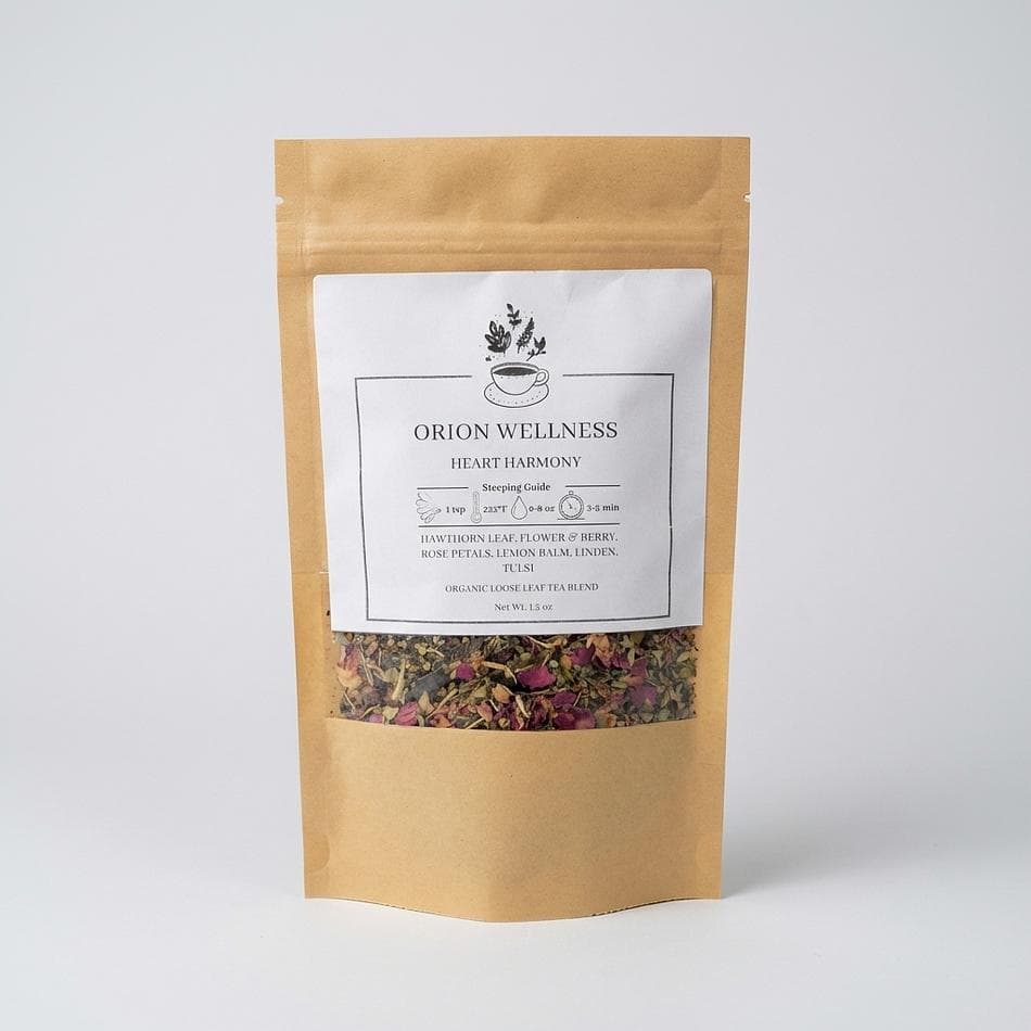 Herbal Heart Support Tea, Hawthorn & Rose, Lemon Balm + Tulsi, Calm Mood, Caffeine-Free Loose Leaf, 1.5 oz