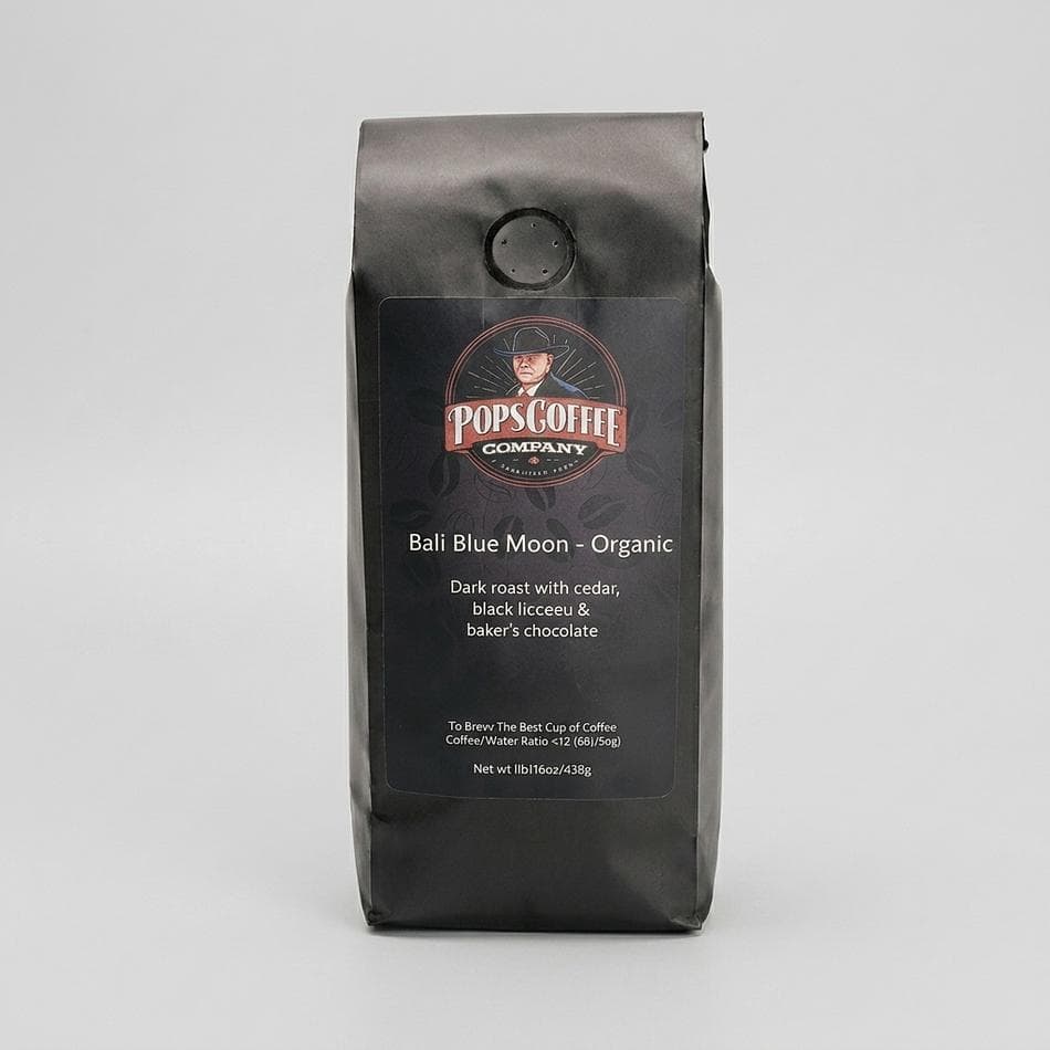 Organic Bali Blue Moon Coffee Beans, Bourbon & Typica, Dark Roast, Low Acid, Cedar & Baker's Chocolate Notes, 1 lb