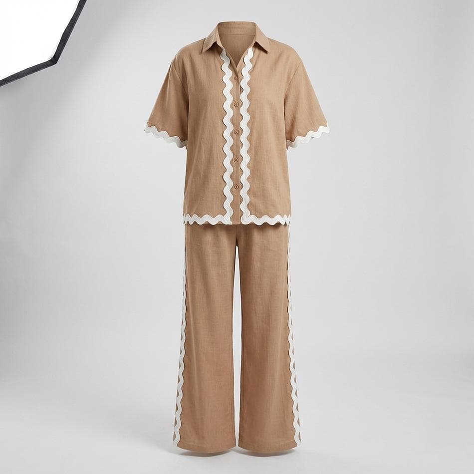 Women’s 2-Piece Pants Set, Contrast Trim Polyester, Polished Casual Co-Ord Outfit, Half Sleeve Top + Pants, Camel, S–XL