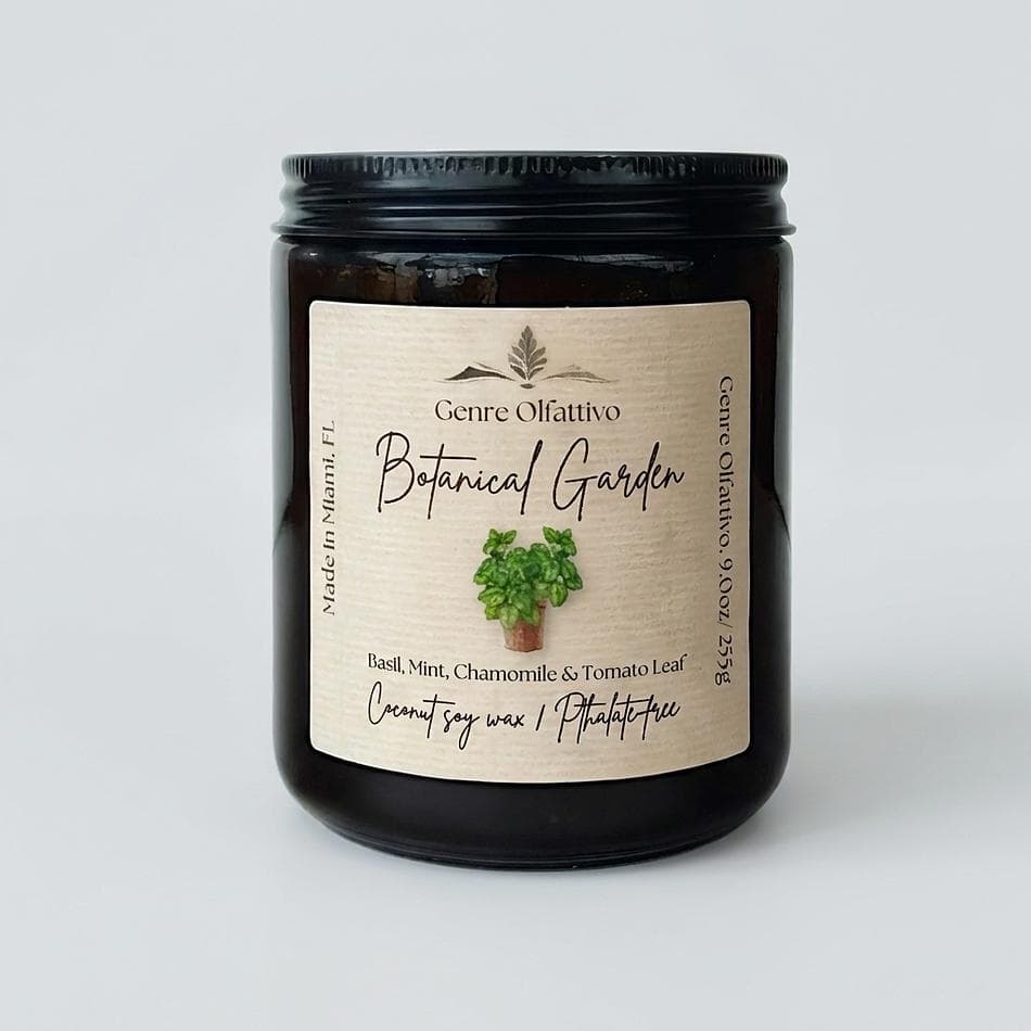 Botanical Garden Coconut Soy Candle, Clementine Orange Peel & Basil Mint, Fresh Herbal Citrus Scent, 8 oz Amber Jar with Lid