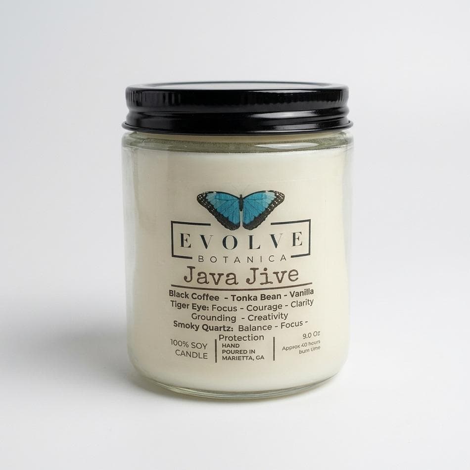 Coffee Soy Candle, Black Coffee Tonka Vanilla, Crackling Wood Wick, Tiger Eye & Smoky Quartz, 9oz Jar (40hr)