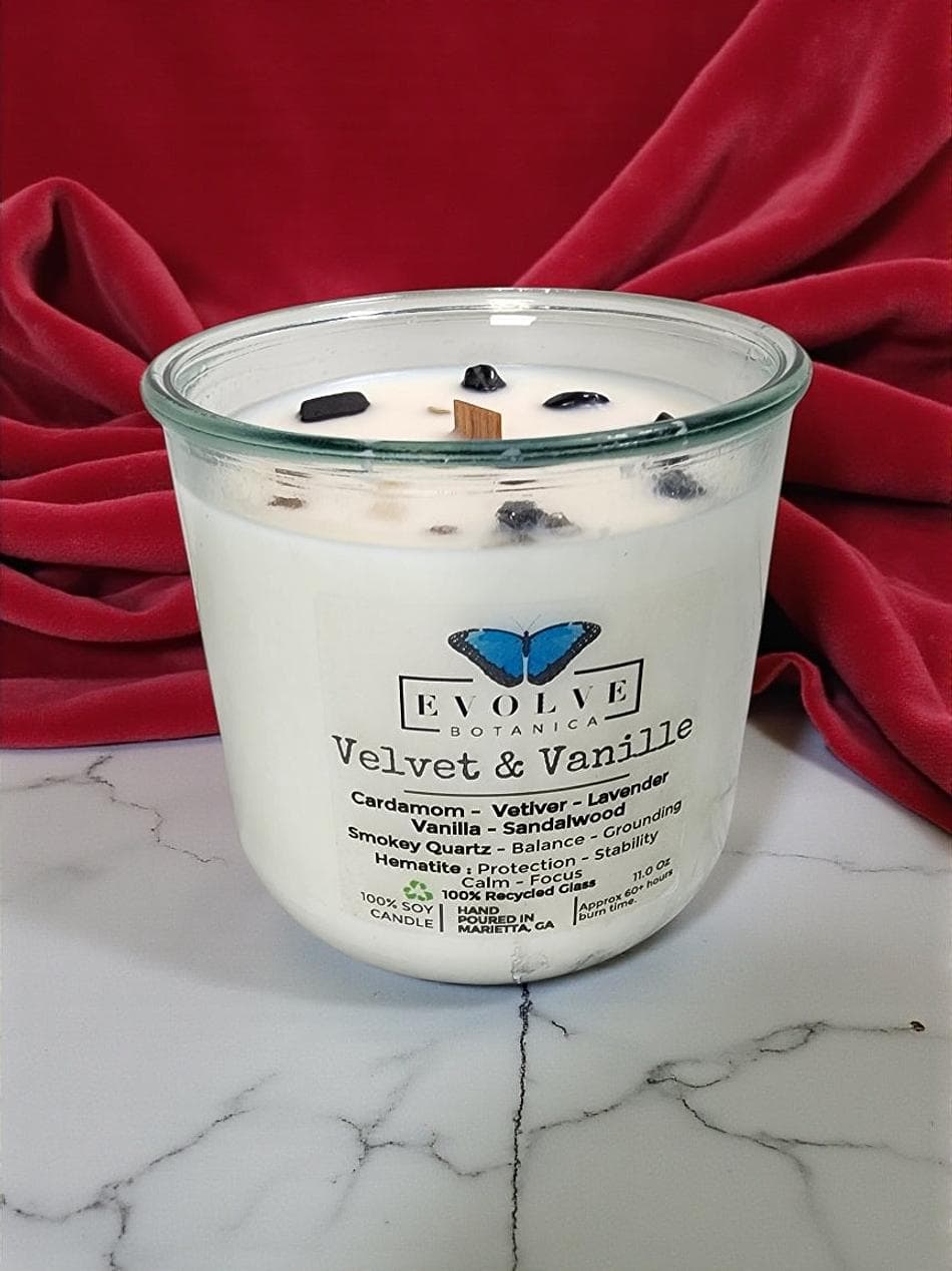 Soy Candle, Cardamom Vetiver Lavender & Vanilla, Grounding Calm Scent, Wood Wick, Recycled Glass Rocks Tumbler, 11 oz