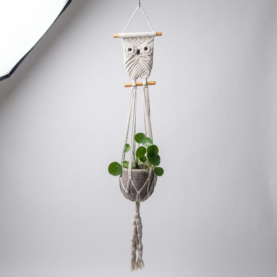 Macramé Plant Hanger, Natural Cotton Owl Design, Boho Indoor Planter Holder, Handmade Fair Trade, 36 in