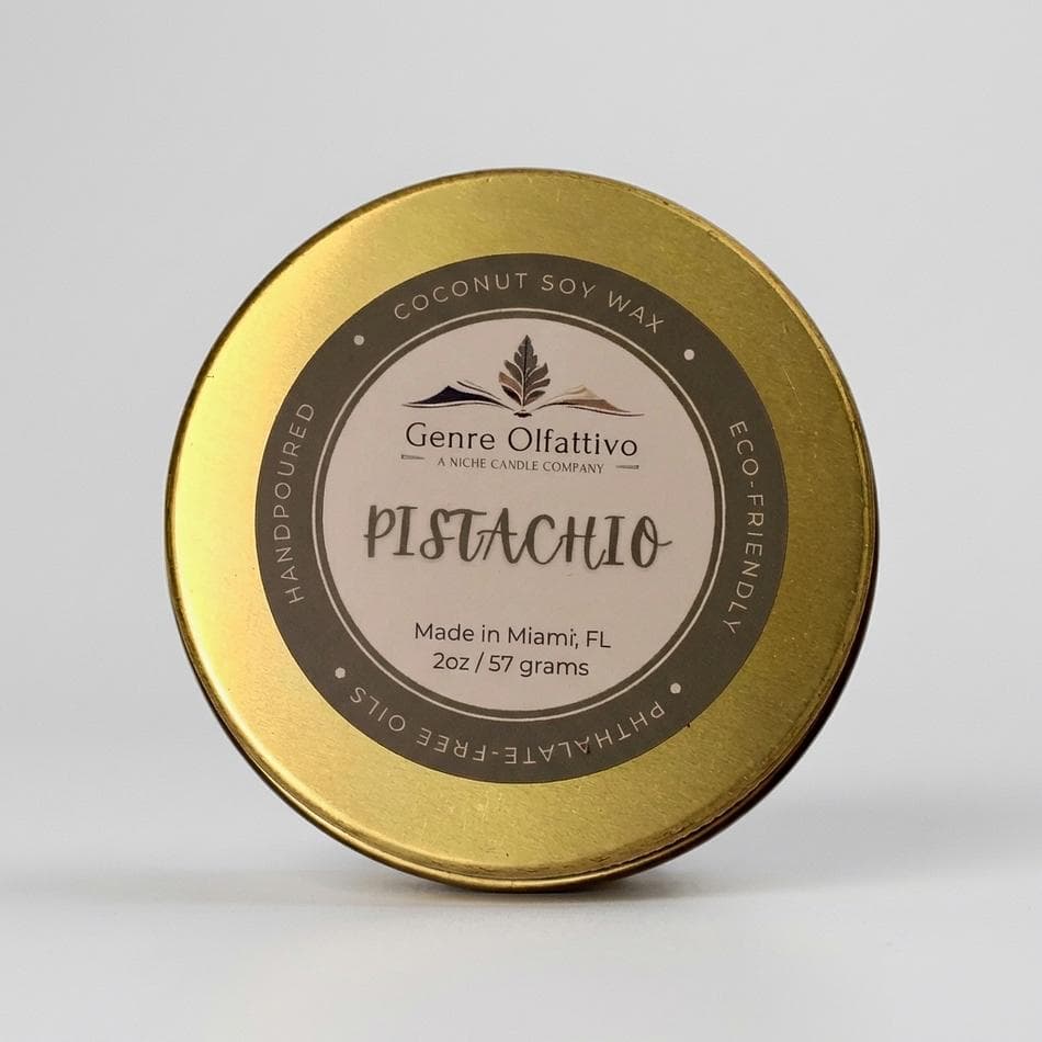 Pistachio Travel Tin Candle, Coconut Soy Wax, Cozy Gourmand Scent, Single Wick, 2 oz Sample